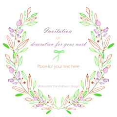 Circle frame, wreath of the pastel green and brown branches and purple berries, hand drawn in a watercolor on a white background, greeting card, decoration postcard or invitation