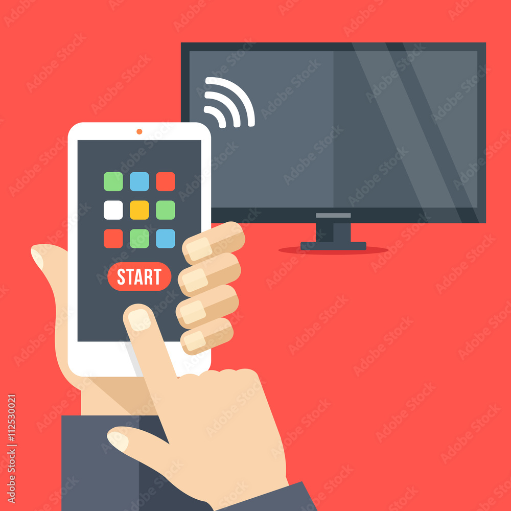 Poster tv set controlled via smartphone with wifi. smartphone remote control app. hand holds cellphone with