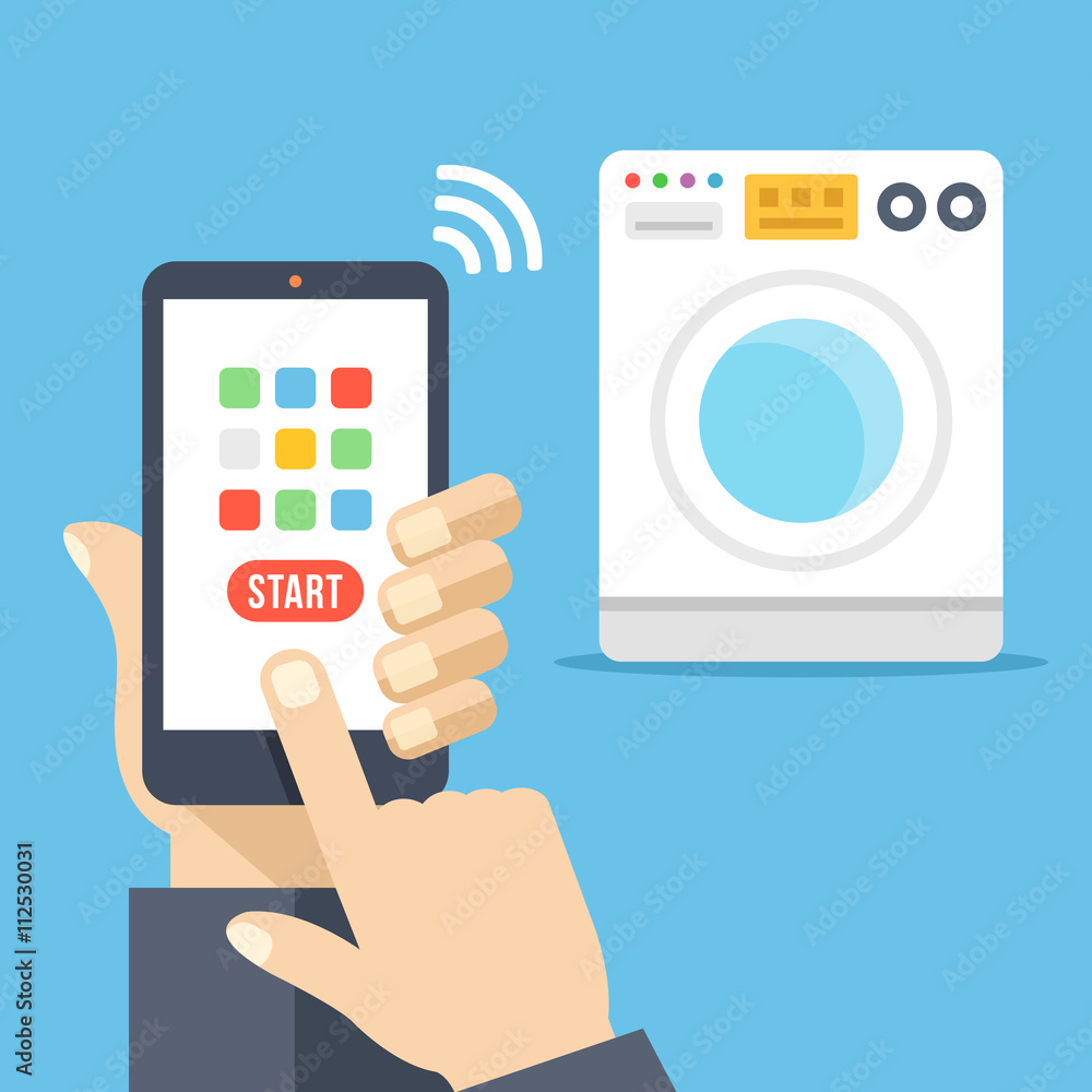 Poster washing machine controlled via smartphone with wifi. smartphone remote washer control app. hand hold