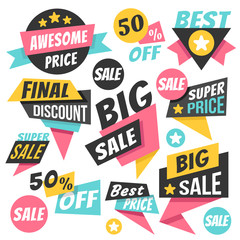 Colorful trendy sale badges, labels, banners set. Creative paper origami concept. Flat design vector illustration