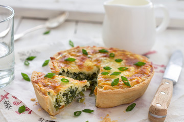 Mini with green onions and cheese on a light wooden background