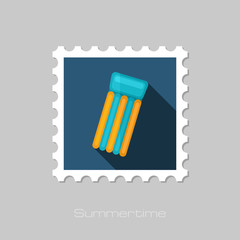 Floating mattress on beach flat stamp. Vacation