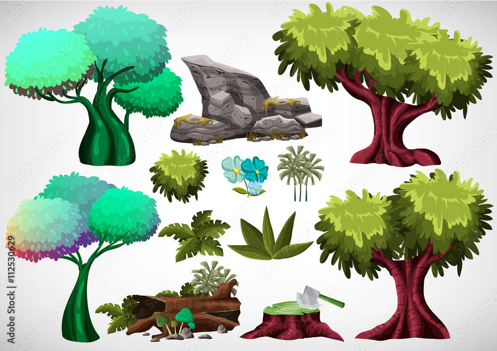Poster set of cartoon colored tree for use in the game and animation, game design asset