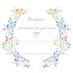 Fototapeta na wymiar Circle frame, wreath of the pastel branches, hand drawn in a watercolor on a white background, greeting card, decoration postcard or invitation