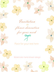 Background, template postcard with the hearts from tender pink spring flowers, hand drawn in a watercolor on a white background, background for your card and work