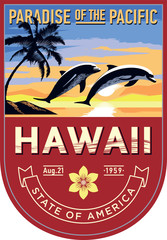 Гавайи стилизованная эмблема штата Америки, дельфины на рассвете на скраснеом фоне