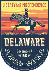 Делавэр стилизованная эмблема штата Америки, всадник, на рассвете на синем фоне