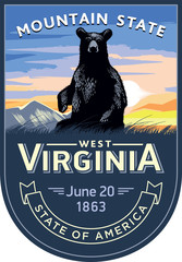 Вирджиния стилизованная эмблема штата Америки, черный медведь на рассвете на синем фоне