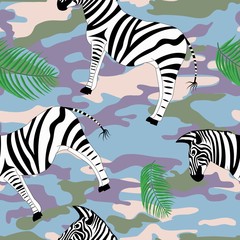 Fototapeta na wymiar Zebra and palm leaves on the military background pattern seamless