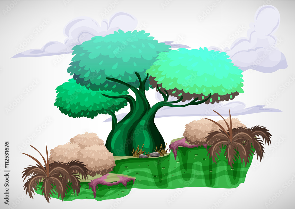 Poster set of cartoon colored tree for use in the game and animation, game design asset