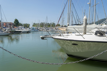 Fototapeta premium Luxury yacht moored at the boat lagoon in Phuket Thailand