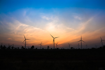 The twilight at wind turbine farm in Thailand