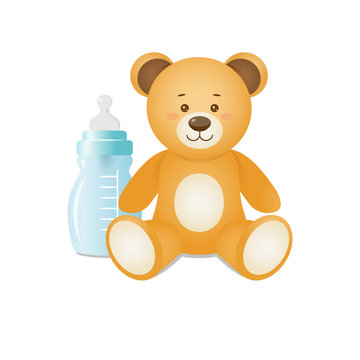 Bear is sitting  with  feeding bottle