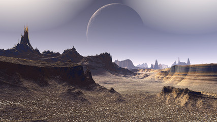 Fantasy alien planet. Rocks and sky. 3D illustration