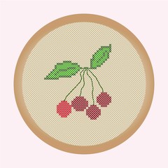 Embroidery cherries. Vector illustration: the cherries which is cross stitched in a round frame