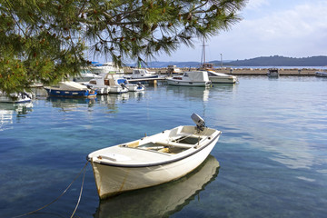 Fototapeta na wymiar Boats lying in the small port of Orebic, Croatia
