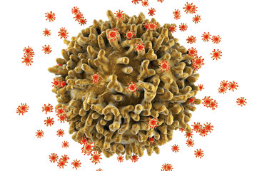 HIV viruses infecting T-lymphocyte, 3D illustration