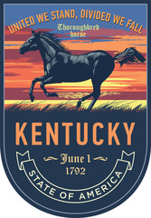 Кентукки стилизованная эмблема штата Америки, Чистокровная верховая на закате на синем фоне