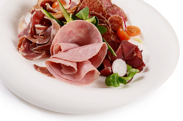 Assorted Italian sausages close-up as background