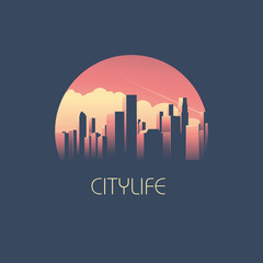 Modern cityscape with skyscrapers in sunrise or sunet vector illustration. Skyline background as business corporate symbol.