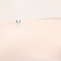 Man and woman running on the beach in morning haze. Active sports lifestyle vector illustration with jogging couple.