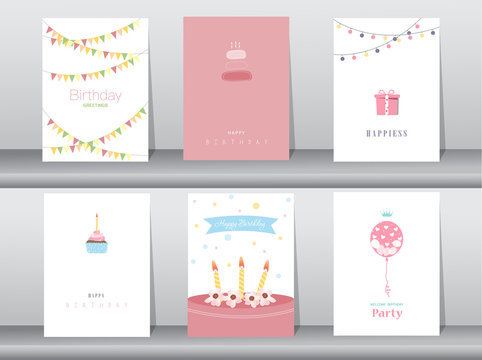 Collection  of  greeting and invitation card,birthday, holiday, christmas,cake,cupcake,balloon,gift,cartoon, vector illustration