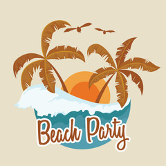 Beach Party in The Summer With Palm Tree Sunset and Wave