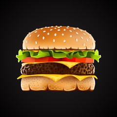 Realistic hamburger with cheese salad and tomato.