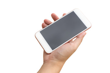 Human hand holding large screen mobile smart phone.