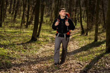 Obraz premium Man using hiking sticks poles outdoors in woods.
