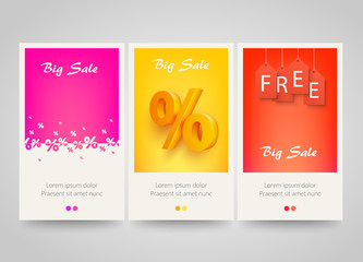 Modern colorful vertical banners with price labels and percent signs.