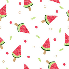 Watermelon ice cream on stick seamless pattern, Vector background with doodle ice creams. 