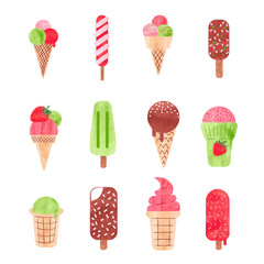 Watercolor ice cream set. Ice cream on stick, ice lolly and cones isolated on white. Vector illustration. 