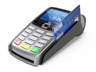 POS Terminal with credit card isolated on a white background. 3d render - obrazy, fototapety, plakaty