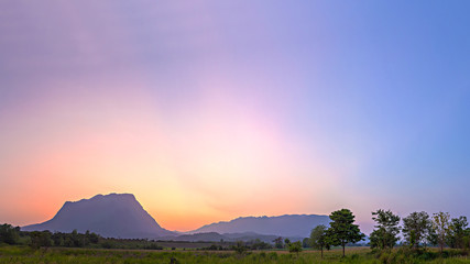 Panorama of Chiang Dao big mountain in twilight - Chiang Mai, Thailand. Focus on peak. Copy space