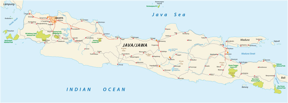 vector roads and national park map of the Indonesian island java