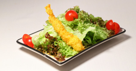 Japanese dish of shrimp tempura tomato salad