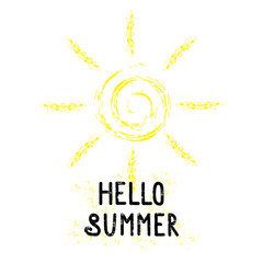 Vector summer background. Summer fun. Hello Summer vector illustration. Say Hello to summer. Summer fun quote. Hand lettering summer typography poster. Handwritten summer lettering. Summer banner.
