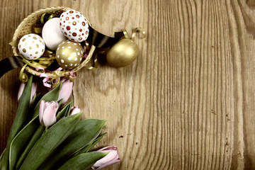 Toned background easter tulips and eggs