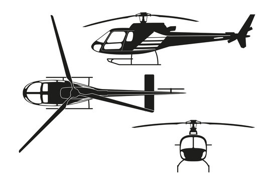 Black silhouette of helicopter on white background. Top view, si