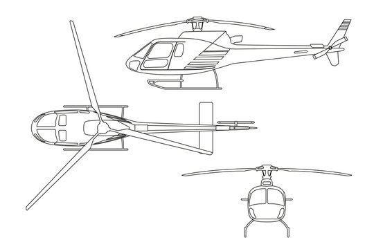 Outline drawing of helicopter on white background. Top view, sid