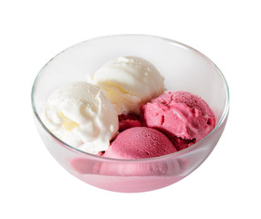 Scoops of vanilla and currant ice cream in bowl on white background