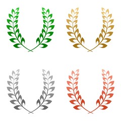 Set of four colored green laurel wreath gold, silver and bronze composed of two branches with colorful leaves and stems for the first, second and third place for winner on a white background