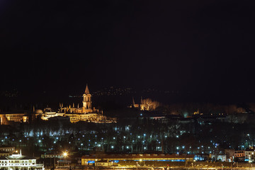 Aerial view of the Bosphorus from the Galata Tower at night. Istanbul, Turkey.