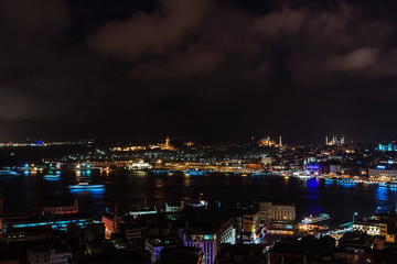 Fototapeta na wymiar Aerial view of the Bosphorus from the Galata Tower at night. Istanbul, Turkey.