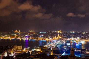 Aerial view of the Bosphorus from the Galata Tower at night. Istanbul, Turkey.