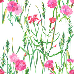 Watercolor floral seamless pattern with red and pink flowers and grass on a white background