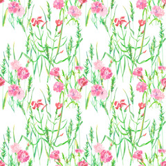 Watercolor floral seamless pattern with red and pink flowers and grass on a white background