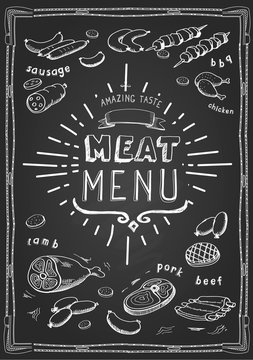 Retro meat menu icons on chalkboard with lamb chops sausage