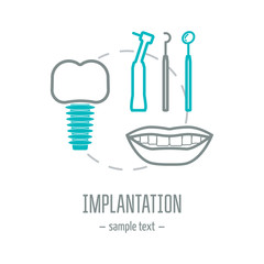 Dental logo. Dental implantation. Cosmetic dentistry. Modern linear concept. Flat design. Vector